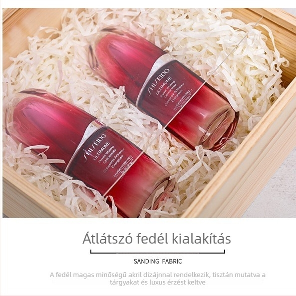 Fa ajándékdoboza átlátszó akril fedéllel, természetes fa, modell 19.5, szobrászati kivitel, testreszabható belső és logó