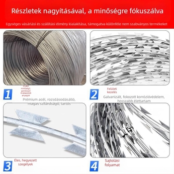 Borotvadrót kerítés, galvanizált acél, egyszeres csavarodás, jobb oldali hajlítás, húzószilárdság 1000 MPa, lopás elleni védelem