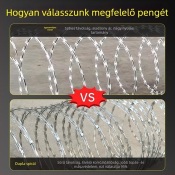 Borotvadrót kerítés, galvanizált acél, egyszeres csavarodás, jobb oldali hajlítás, húzószilárdság 1000 MPa, lopás elleni védelem
