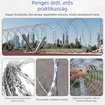 Borotvadrót kerítés, galvanizált acél, egyszeres csavarodás, jobb oldali hajlítás, húzószilárdság 1000 MPa, lopás elleni védelem