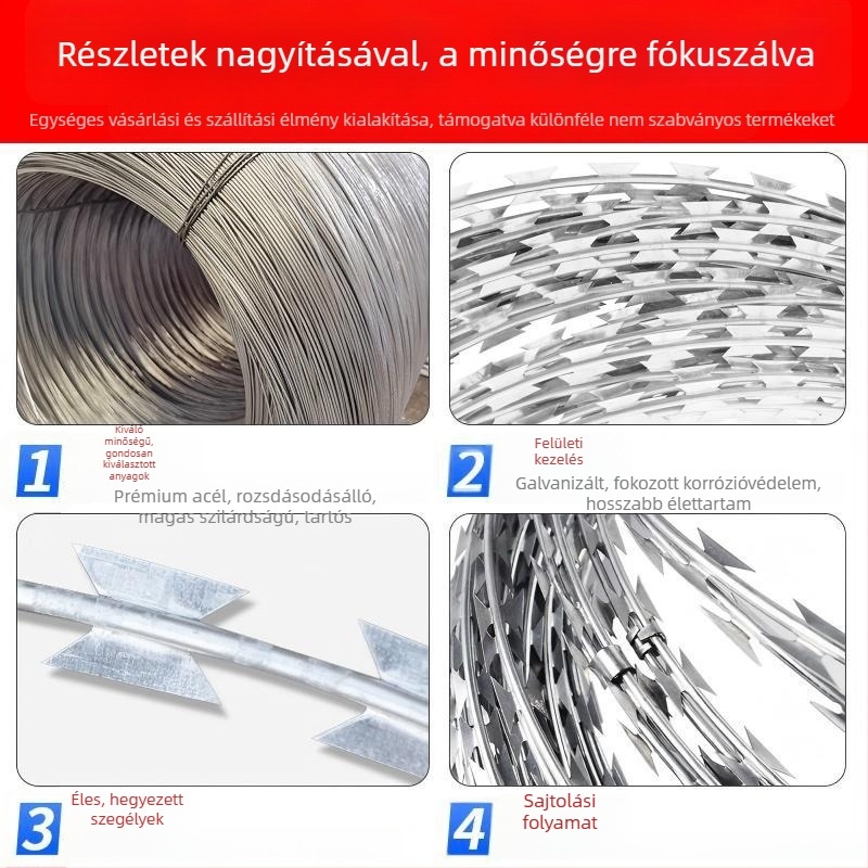 Borotvadrót kerítés, galvanizált acél, egyszeres csavarodás, jobb oldali hajlítás, húzószilárdság 1000 MPa, lopás elleni védelem