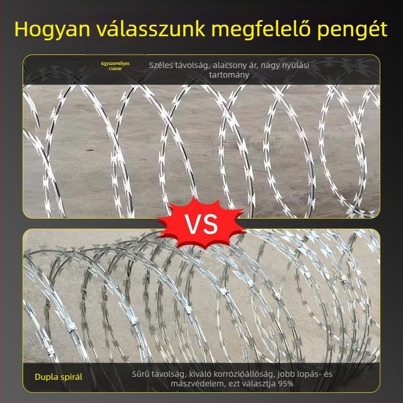 Borotvadrót kerítés, galvanizált acél, egyszeres csavarodás, jobb oldali hajlítás, húzószilárdság 1000 MPa, lopás elleni védelem