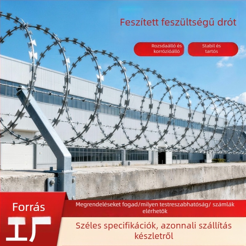 Borotvadrót kerítés, galvanizált acél, egyszeres csavarodás, jobb oldali hajlítás, húzószilárdság 1000 MPa, lopás elleni védelem