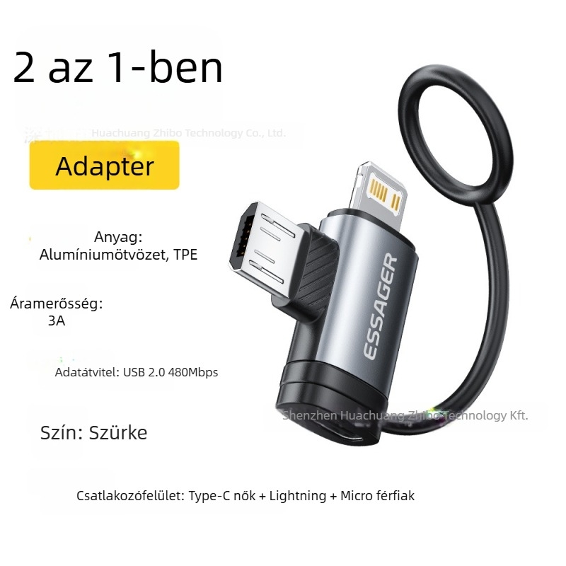 Essager USB-C OTG adapter, kétfunkciós: Type-C női csatlakozó iOS férfi + Micro férfi, modell Es-otg33