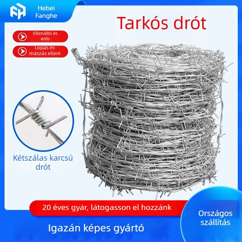 Alacsony széntartalmú acélból készült tövisdrót kerítés, dupla sodrás, nyugati stílus, jobbkezes tekerés, mászás elleni