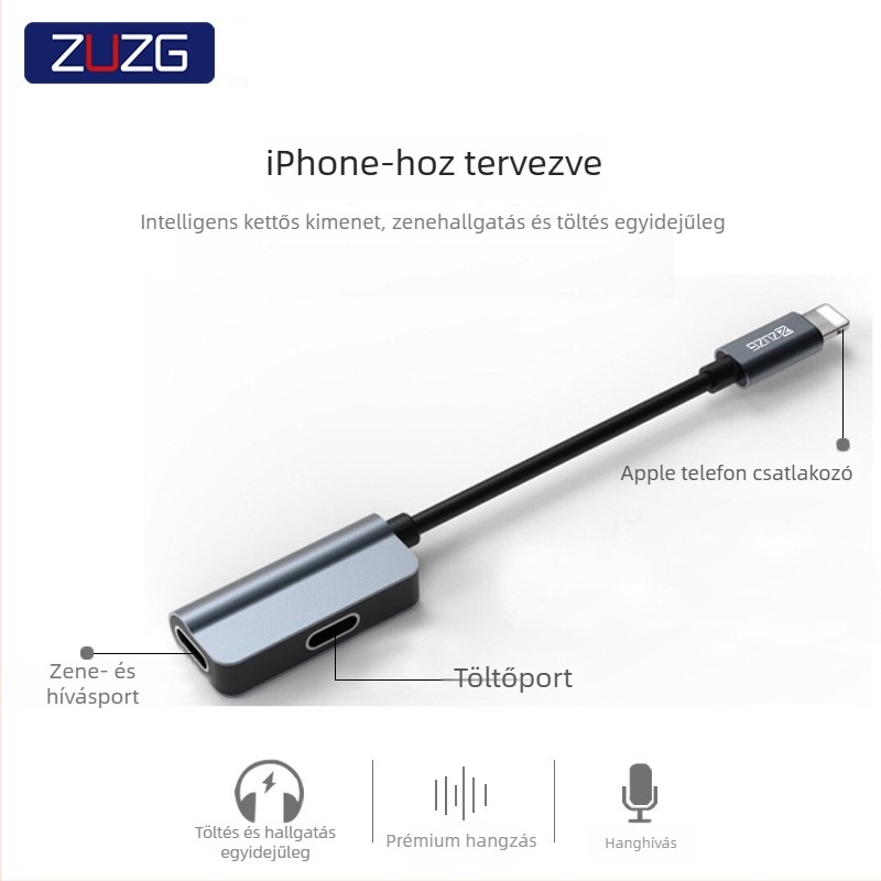 2 az 1-ben Type-C 3,5 mm adapter töltéshez és zenehallgatáshoz – Apple és Android kompatibilis – Modell YL6i/YL6T, Márka ZUZG