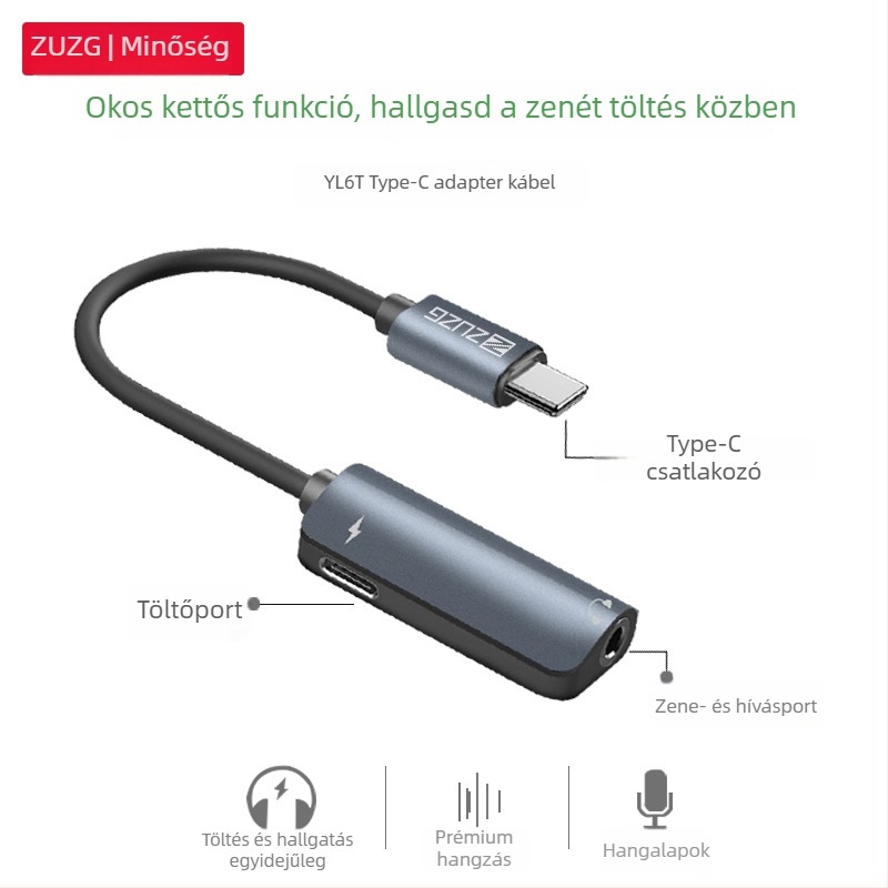 2 az 1-ben Type-C 3,5 mm adapter töltéshez és zenehallgatáshoz – Apple és Android kompatibilis – Modell YL6i/YL6T, Márka ZUZG