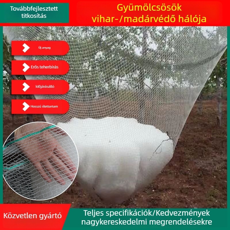 Nylon madárvédő háló gyümölcsfákhoz és zöldséges kertekhez; madár- és jégeső elleni védelem gyümölcsösök, üvegházak és mezőgazdasági területek számára