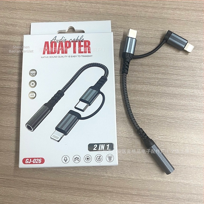 Type-C és Lightning kettős felhasználású audió adapter, nylon fonott kábel és fejhallgató vezérléssel, verzió 1.2