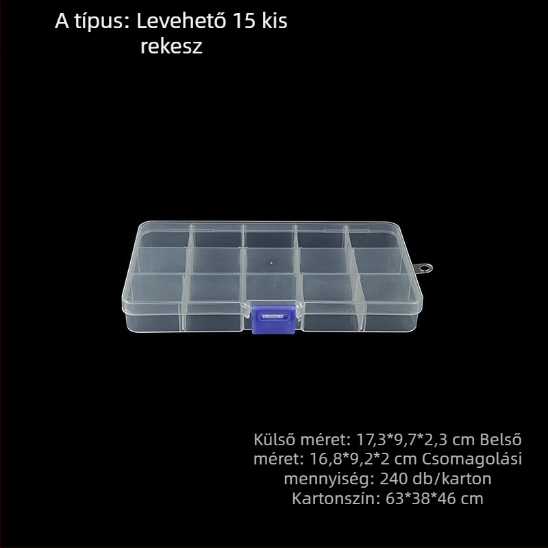 15 rekeszes PP műanyag tároló doboz fedéllel, csavarokhoz és hardverhez, téglalap alakú