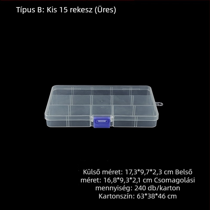 15 rekeszes PP műanyag tároló doboz fedéllel, csavarokhoz és hardverhez, téglalap alakú