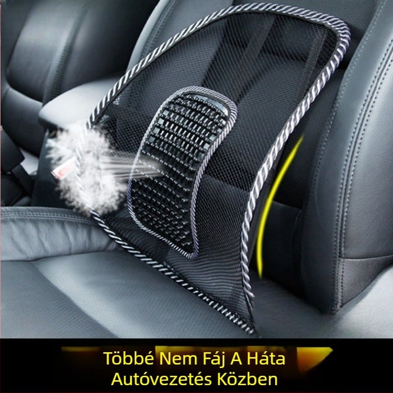 Autó deréktámasz párna, légáteresztő hálós anyag, EVA töltés, masszázs funkció, univerzális illeszkedés, nyári használat