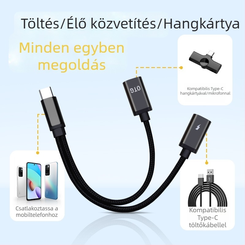 OTG USB-C 2-in-1 adapter Lavalier mikrofonhoz és fejhallgatóhoz – töltés és hang interfész Android Type-C készülékekhez