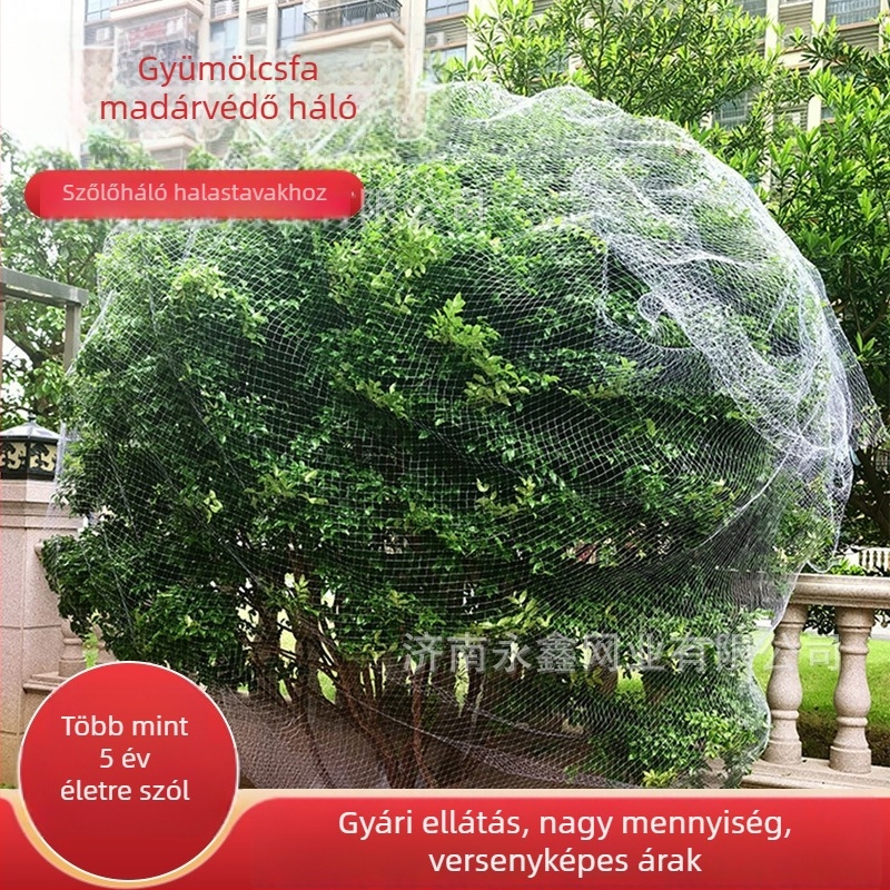 Nylon szálból készített madárvédő háló gyümölcsfákhoz, szemméret 2,5 mm, huzalátmérő 0,32 mm, élettartam 3–5 év, Yongxin márka