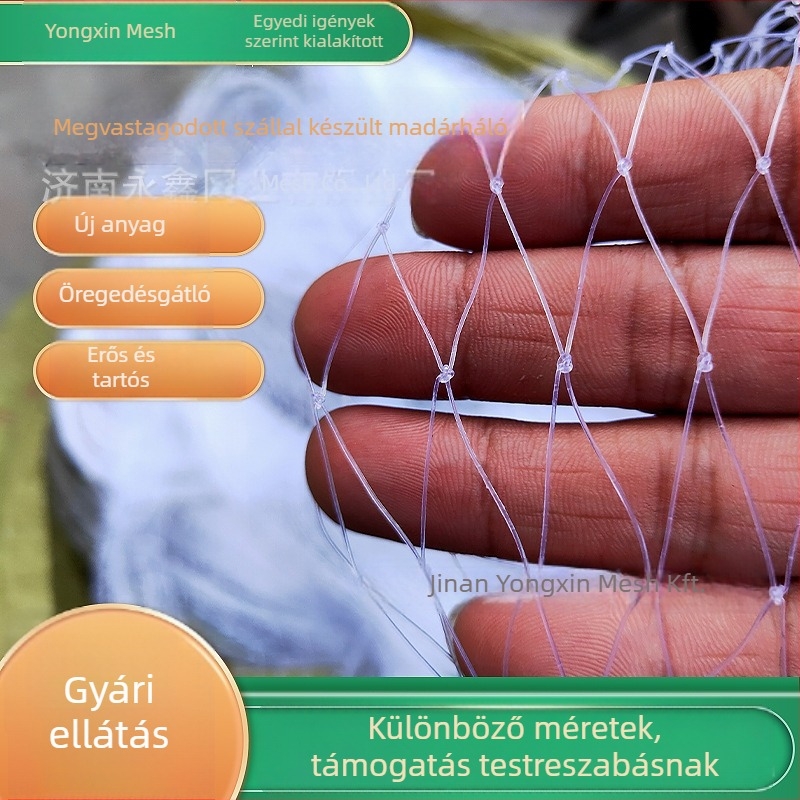Nylon szálból készített madárvédő háló gyümölcsfákhoz, szemméret 2,5 mm, huzalátmérő 0,32 mm, élettartam 3–5 év, Yongxin márka