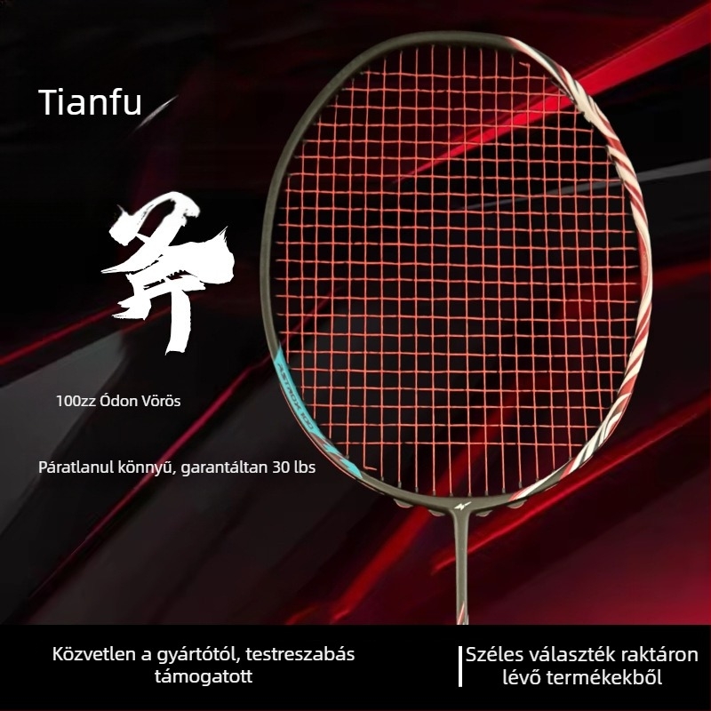 Badminton ütő karbon szálas kerettel, tömeg 80–84 g, horizontális ütés, közepes keménység, markolat G5