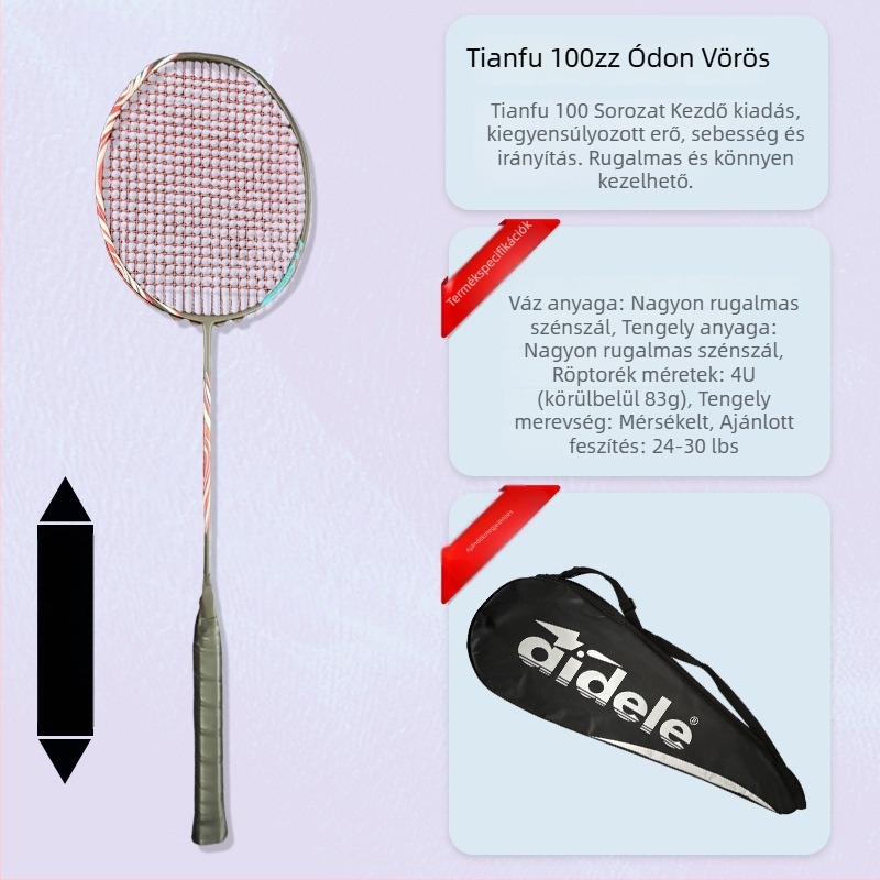 Badminton ütő karbon szálas kerettel, tömeg 80–84 g, horizontális ütés, közepes keménység, markolat G5