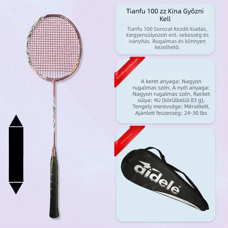 Badminton ütő karbon szálas kerettel, tömeg 80–84 g, horizontális ütés, közepes keménység, markolat G5