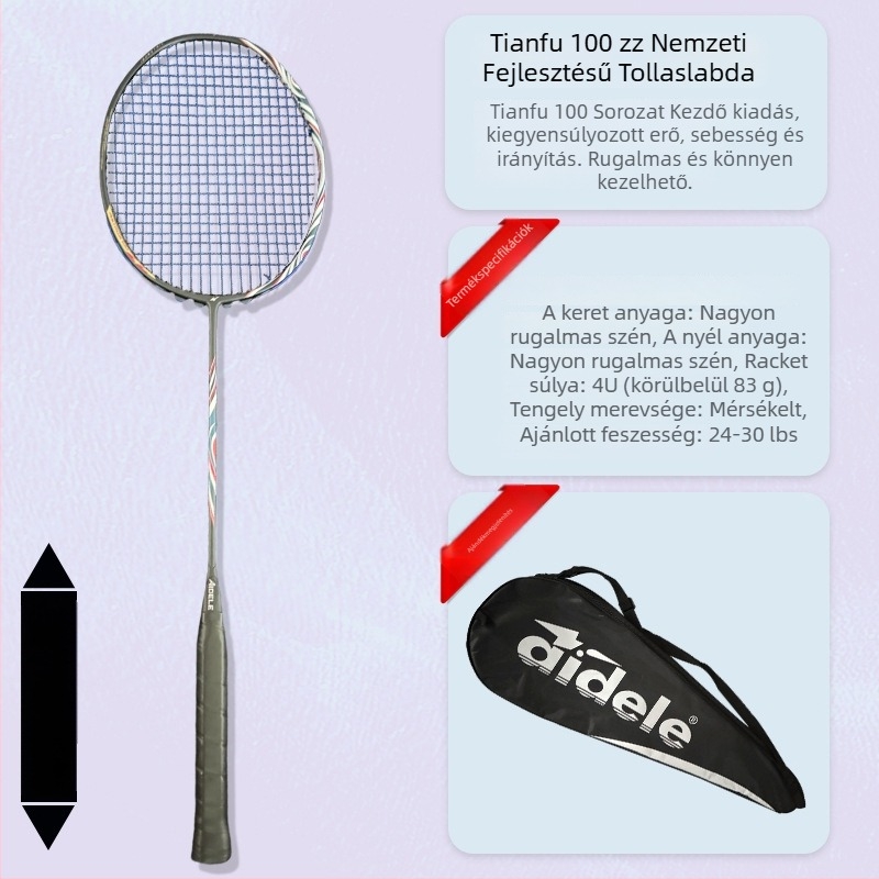 Badminton ütő karbon szálas kerettel, tömeg 80–84 g, horizontális ütés, közepes keménység, markolat G5