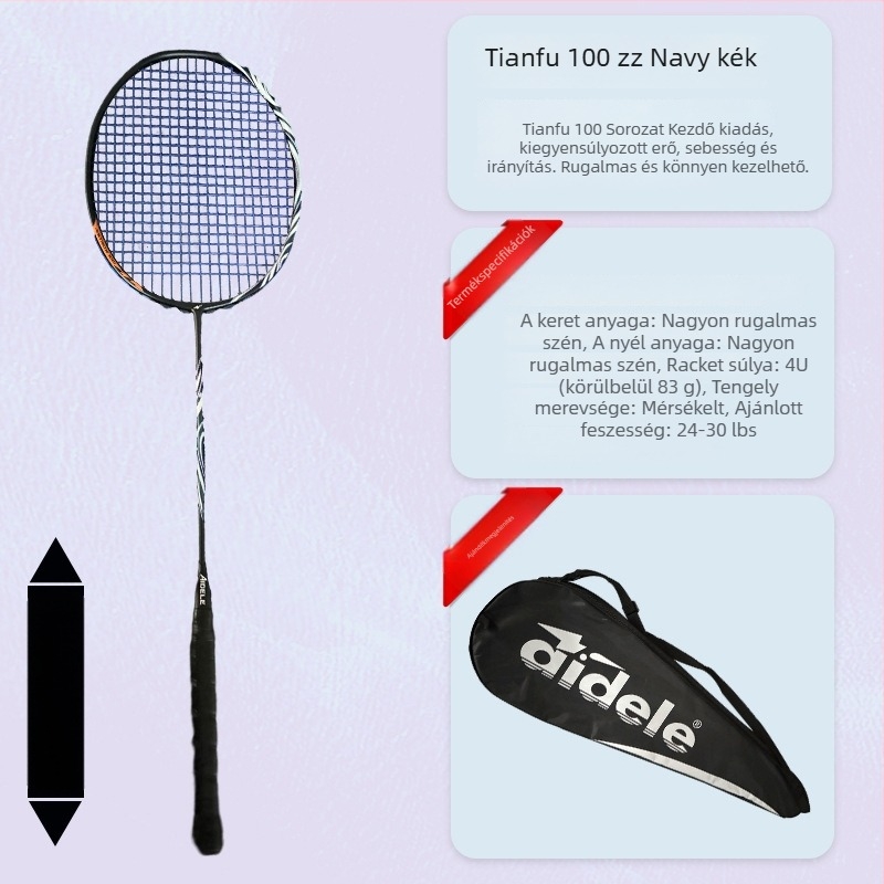 Badminton ütő karbon szálas kerettel, tömeg 80–84 g, horizontális ütés, közepes keménység, markolat G5