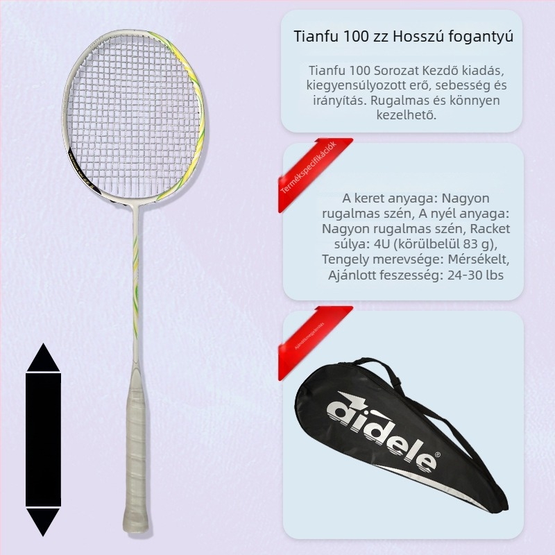 Badminton ütő karbon szálas kerettel, tömeg 80–84 g, horizontális ütés, közepes keménység, markolat G5