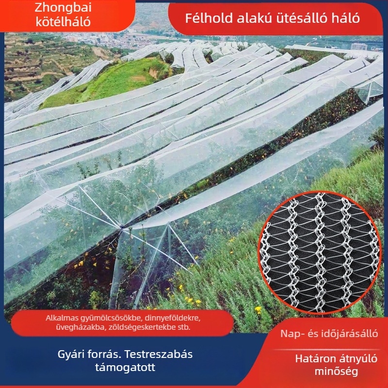 Félhold alakú jégeső elleni védőháló gyümölcsfákhoz, mezőgazdasági területekhez, üvegházakhoz és virágkertekhez