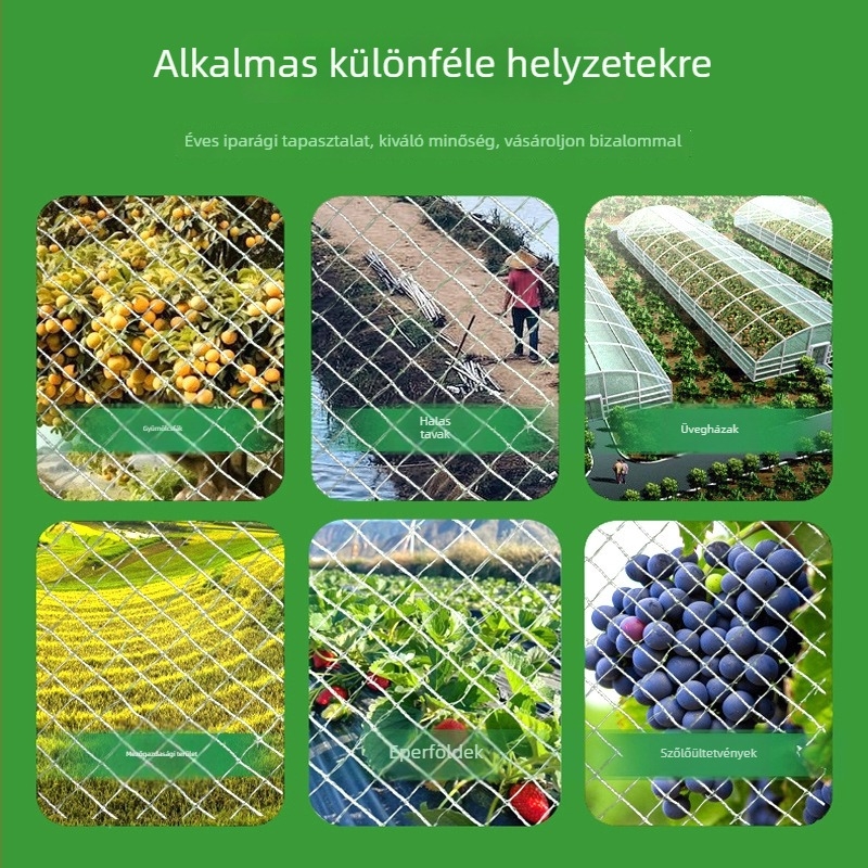 Madárvédő háló gyümölcsösök és üvegházak számára; meggy védőháló; udvari madárvédő háló; földművelési területek és halastavak védelme