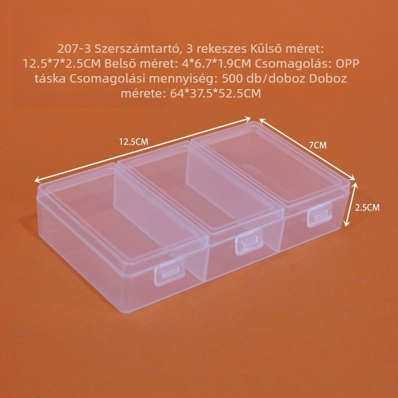 Asztali tároló doboz, 3 és 5 rekesszel átlátszó műanyag dobozokkal, külön fedéllel, polipropilénből, elektronikai alkatrészek, hardver és ékszerek rendezésére
