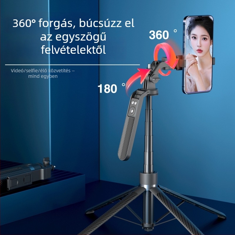 A14 Mobil Bluetooth Selfie Stick alumínium ötvözet testtel, egygombos kinyitású négylábú állvány, anti-shake stabilizáció és 360° forgás