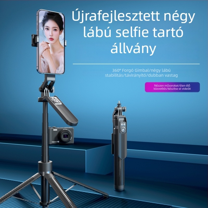 A14 Mobil Bluetooth Selfie Stick alumínium ötvözet testtel, egygombos kinyitású négylábú állvány, anti-shake stabilizáció és 360° forgás