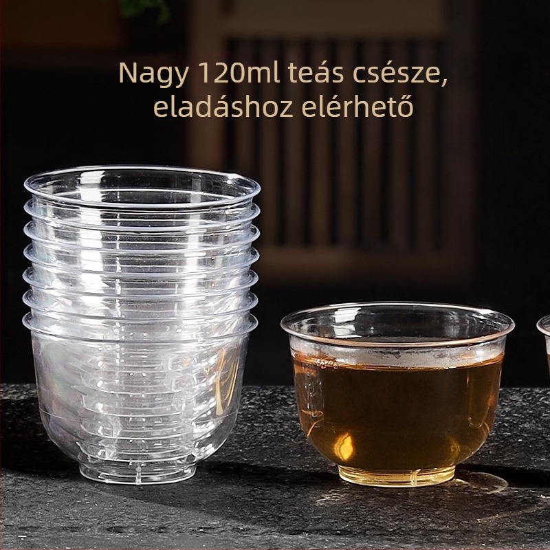 Egyszer használatos teás poharak, átlátszó vastagított PS műanyagból, kör alakú, kapacitás 101–200 ml, logó nyomtatható, egyenként csomagolva