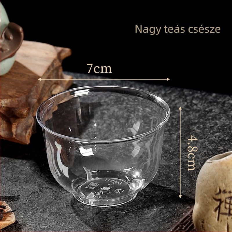 Egyszer használatos teás poharak, átlátszó vastagított PS műanyagból, kör alakú, kapacitás 101–200 ml, logó nyomtatható, egyenként csomagolva