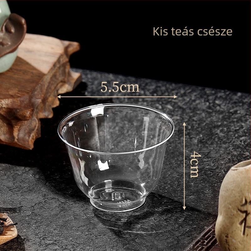 Egyszer használatos teás poharak, átlátszó vastagított PS műanyagból, kör alakú, kapacitás 101–200 ml, logó nyomtatható, egyenként csomagolva