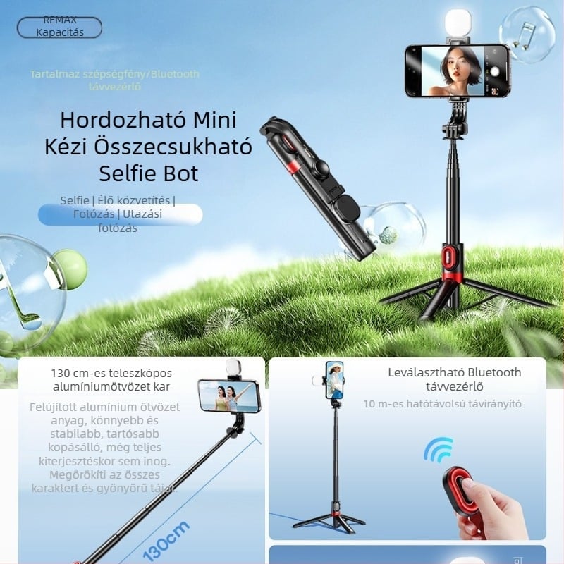 Selfie bot háromlábú állvánnyal, beépített világítással, távirányítóval, kinyújtható, okostelefon-kompatibilis, élő közvetítéshez