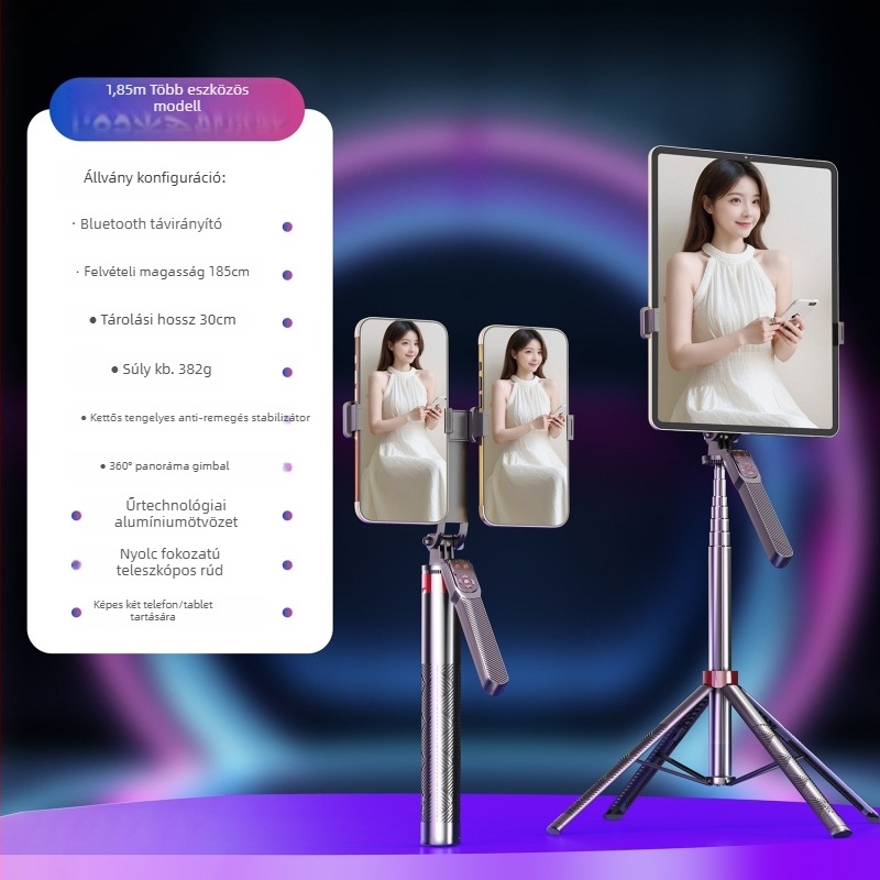 Nipai Kétszintes Selfie Stick – Stabilizátor, Kinyújtható, Bluetooth Távirányítóval, Telefonok és Tablettekhez