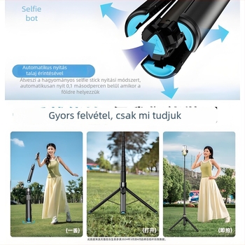 Bluetoothos telefonos szelfi-stik tripod, hordozható és univerzális, távirányítóval, ötvözetes kivitelezés, stabilizációs rendszer