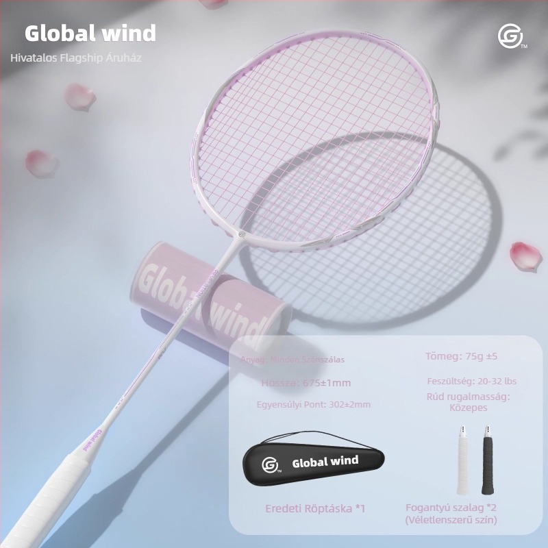 Global Wind tollasütő, karbonszálas váz, nylon húrok, tömeg 75–79 g, fogantyú G5, egyenes tengely