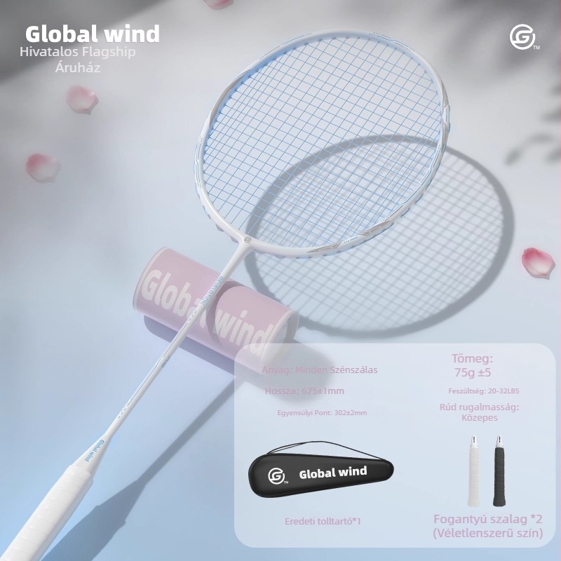 Global Wind tollasütő, karbonszálas váz, nylon húrok, tömeg 75–79 g, fogantyú G5, egyenes tengely