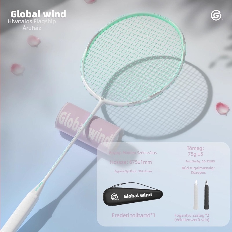Global Wind tollasütő, karbonszálas váz, nylon húrok, tömeg 75–79 g, fogantyú G5, egyenes tengely