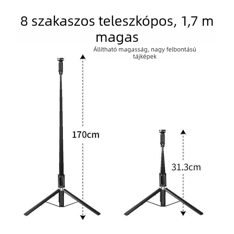Selfie pálca tripod Bluetooth távirányítóval, alumíniumötvözet, teleszkópos, kitöltő fény, POLAM-FOTO M15