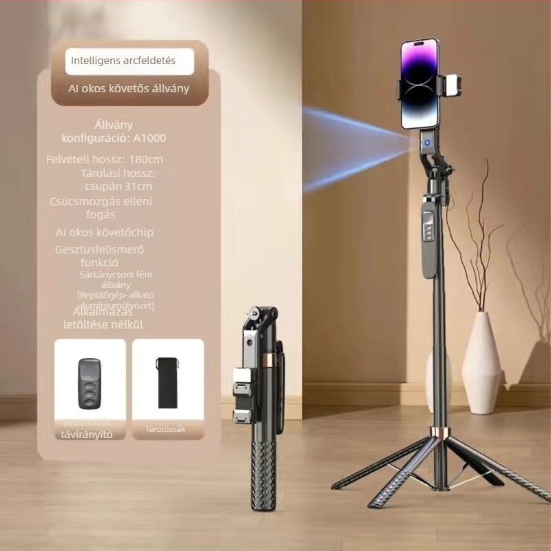 AI arcfogóval ellátott Selfie Stick, négy lábú állvány kültéri élő közvetítéshez, Bluetooth, alumíniumötvözet