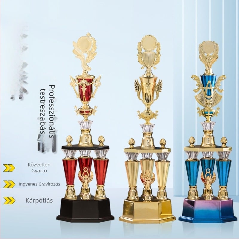 Háromoszlopos, kiváló minőségű műanyag trofea logónyomtatással, testre szabható, 1,51 kg, alkalmas díjakhoz és emlékajándékokhoz