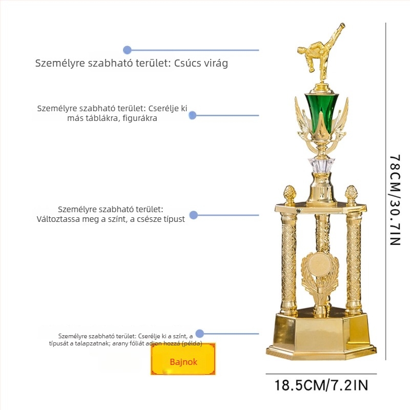 Háromoszlopos, kiváló minőségű műanyag trofea logónyomtatással, testre szabható, 1,51 kg, alkalmas díjakhoz és emlékajándékokhoz