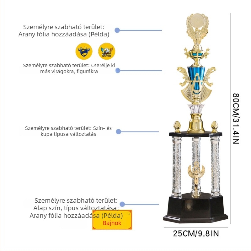 Háromoszlopos, kiváló minőségű műanyag trofea logónyomtatással, testre szabható, 1,51 kg, alkalmas díjakhoz és emlékajándékokhoz