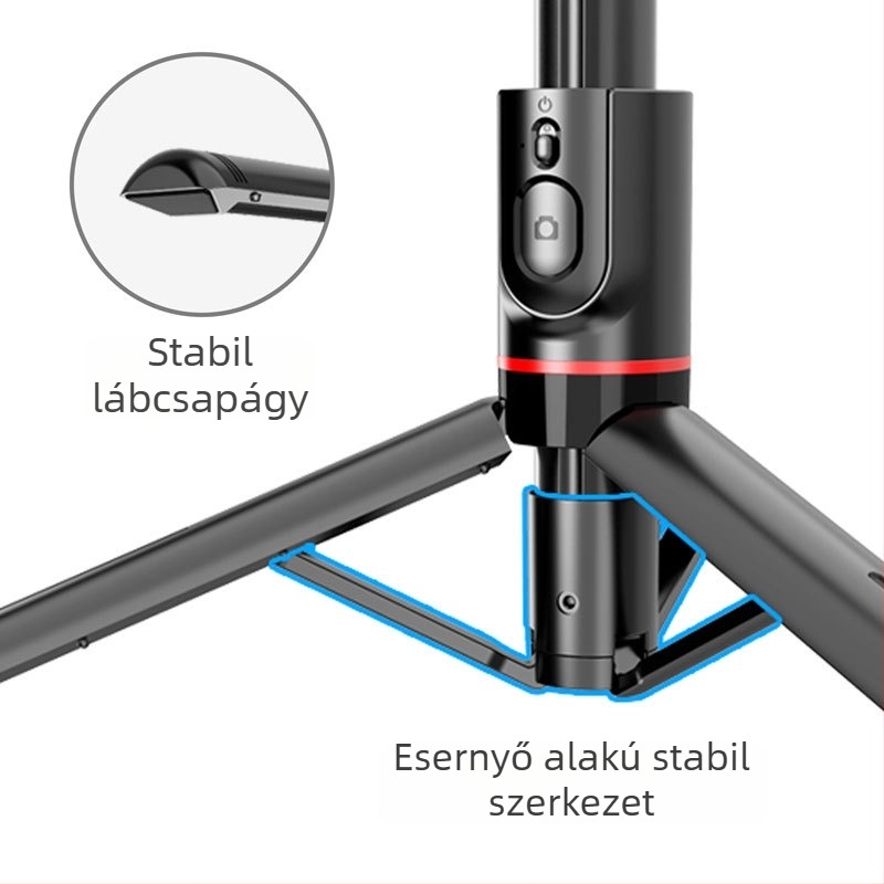 L12 szelfibot kihajtható tripoddal, 360° forgás, távirányítóval, anyag: alumíniumötvözet / rozsdamentes acél + ABS