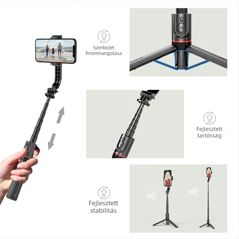 L12 szelfibot kihajtható tripoddal, 360° forgás, távirányítóval, anyag: alumíniumötvözet / rozsdamentes acél + ABS