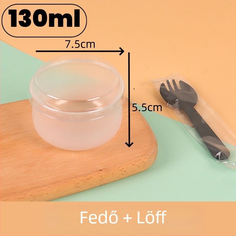 Karamell puding pohár, hőálló egyszer használatos műanyag pohár fedéllel, tartalmaz villa és kanál, desszert csomagoláshoz, PP műanyag, logó nyomtatva