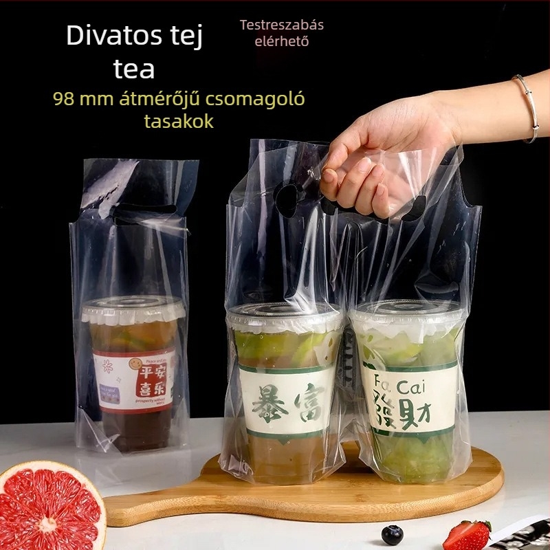 98 mm átmérőjű átlátszó pohár csomagolás tejes-tea, kávé és citromos tea italokhoz logónyomással, kiváló minőségű, egy vagy két pohárhoz