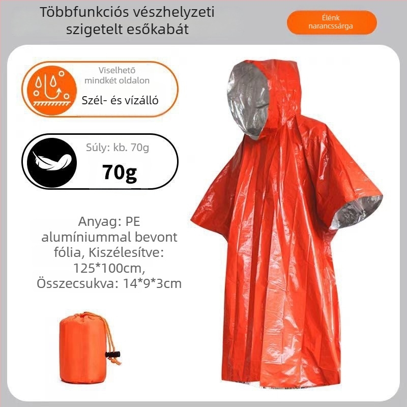 Szabadban használt sürgősségi hőszigetelő takaró, kétoldalas, szélálló, alumíniumfóliás túlélőtakaró, modell Raincoat