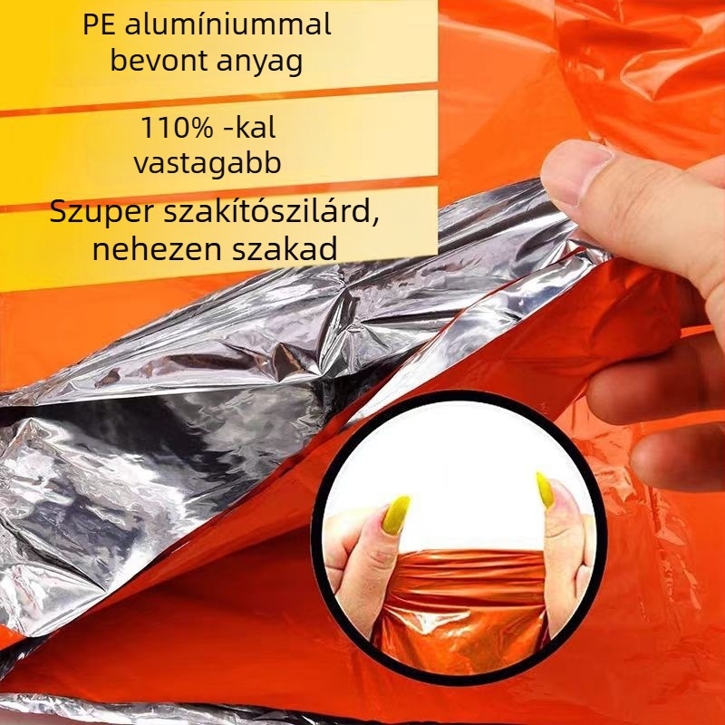 Szabadban használt sürgősségi hőszigetelő takaró, kétoldalas, szélálló, alumíniumfóliás túlélőtakaró, modell Raincoat